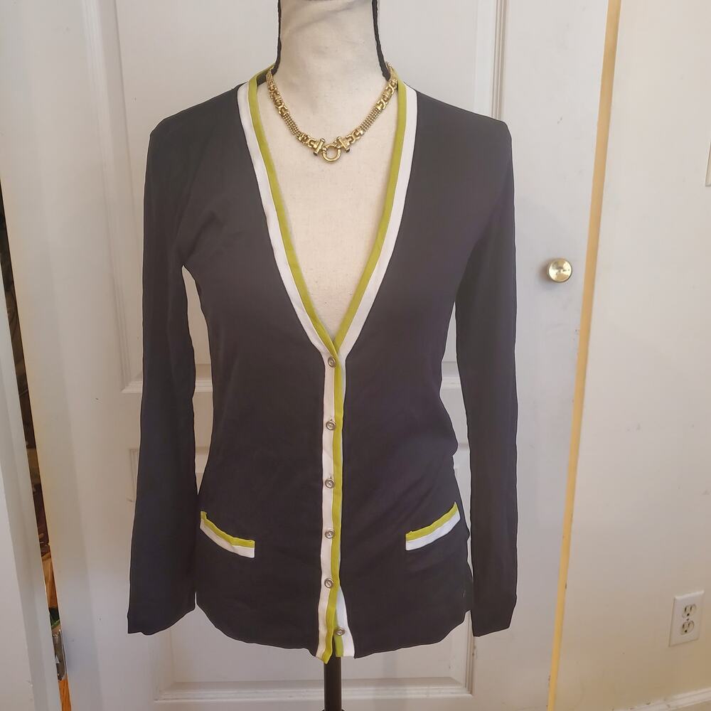 Marc Cain Black Knit Cardigan w/ Lime Green & White Contrast Trim sz 6